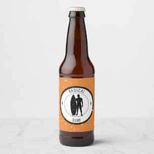 Silhouette of a surfer and surfboard beer bottle label