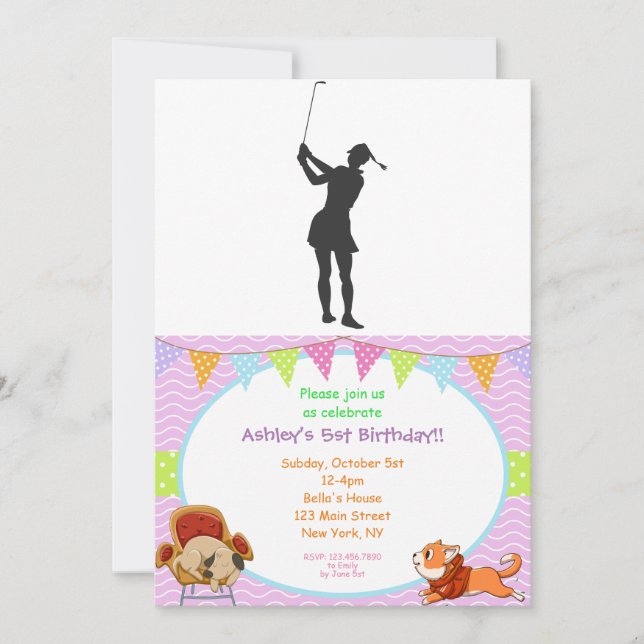 Silhouette of a woman playing golf invitation (Front)