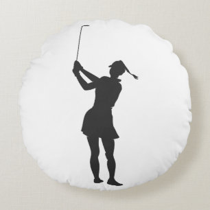 Silhouette of a woman playing golf round pillow