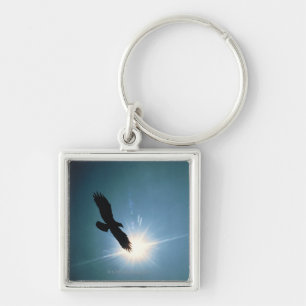 Silhouette of bald eagle flying in sky keychain