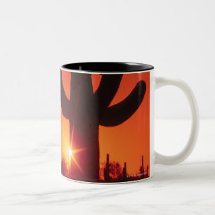Silhouette of cactus at dusk , Saguaro National Two-Tone Coffee Mug
