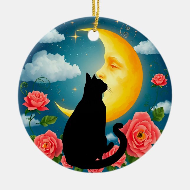 Silhouette Of Cat Sitting Before Moon Ceramic Ornament (Front)