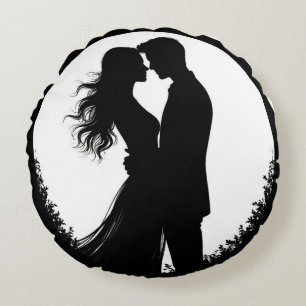 Silhouette Of Couple Embracing Face-To-Face Round Pillow