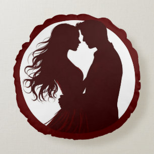 Silhouette Of Couple Embracing Face-To-Face Round Pillow