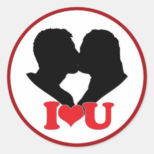 Silhouette of Couple Kissing With "I♥U" Classic Round Sticker