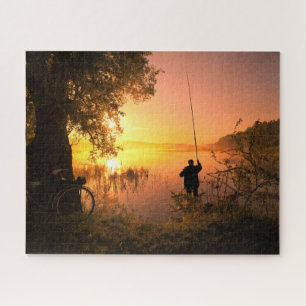 Silhouette of Fisherman on Lake at Sunset Jigsaw Puzzle