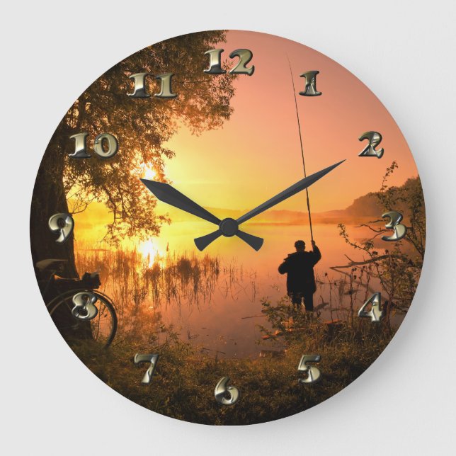 Silhouette of Fisherman on Lake at Sunset Large Clock (Front)