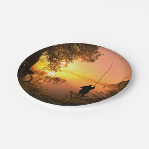 Silhouette of Fisherman on Lake at Sunset Paper Plate