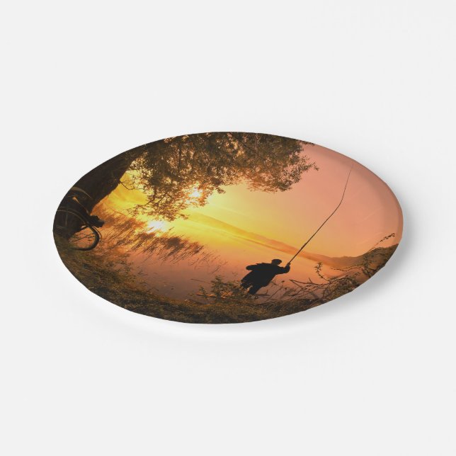 Silhouette of Fisherman on Lake at Sunset Paper Plate (Angled)