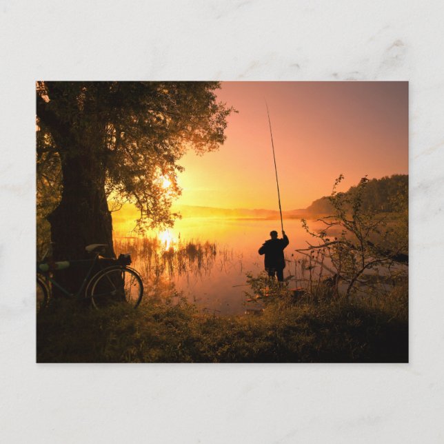 Silhouette of Fisherman on Lake at Sunset Postcard (Front)