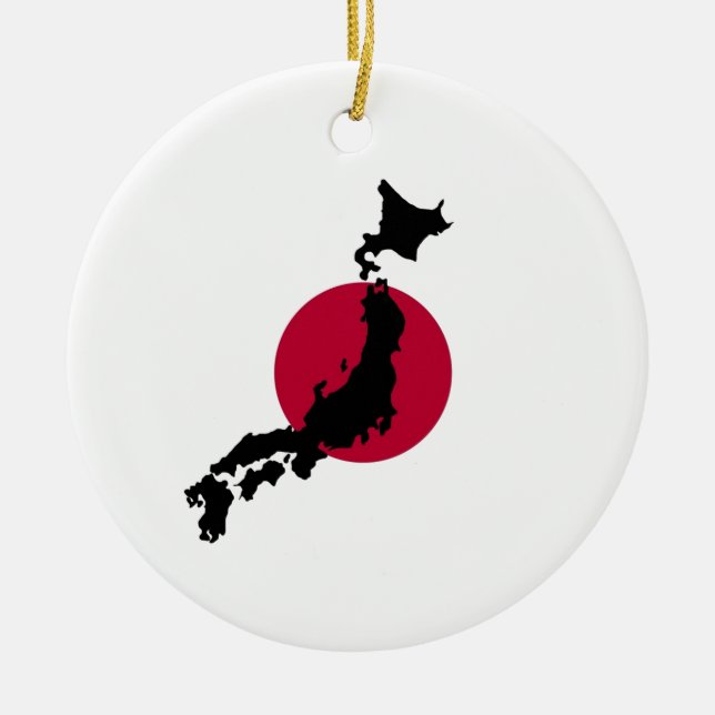 Silhouette of Japan over Rising Sun National Flag Ceramic Ornament (Front)