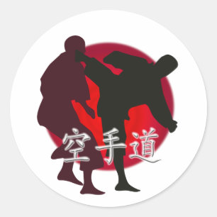Silhouette of Karate fight, red circle background. Classic Round Sticker