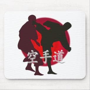 Silhouette of Karate fight, red circle background. Mouse Pad