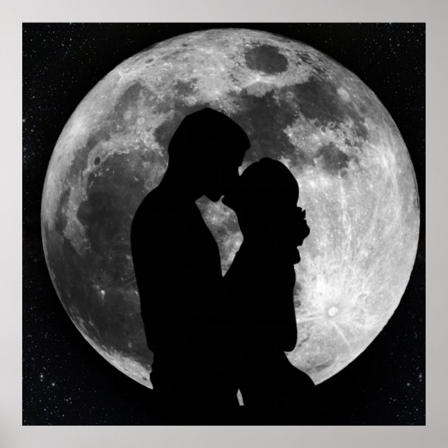 Silhouette of lovers in a full moon at night poster (Front)