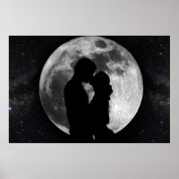Silhouette of lovers in a full moon at night