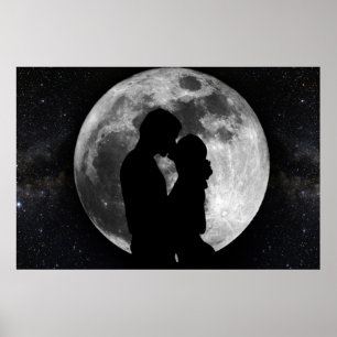 Silhouette of lovers in a full moon at night poster