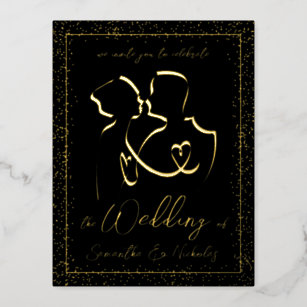 Silhouette of Lovers in Black & Gold Wedding  Foil Invitation Postcard