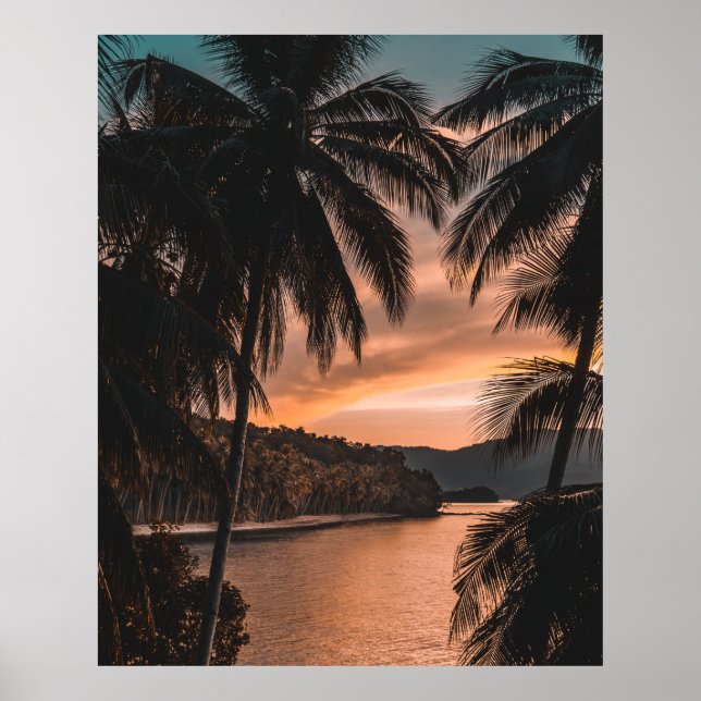 Silhouette of palm tree during golden hour poster (Front)