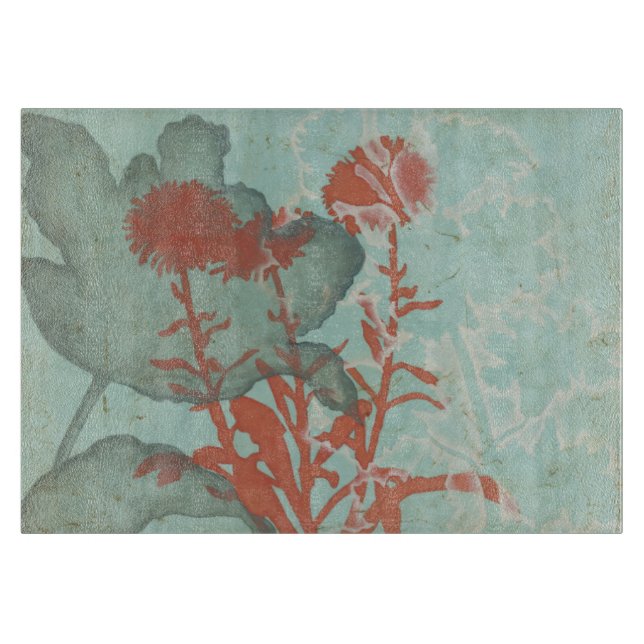 Silhouette of Red Flowers on Teal Background Cutting Board (Front)