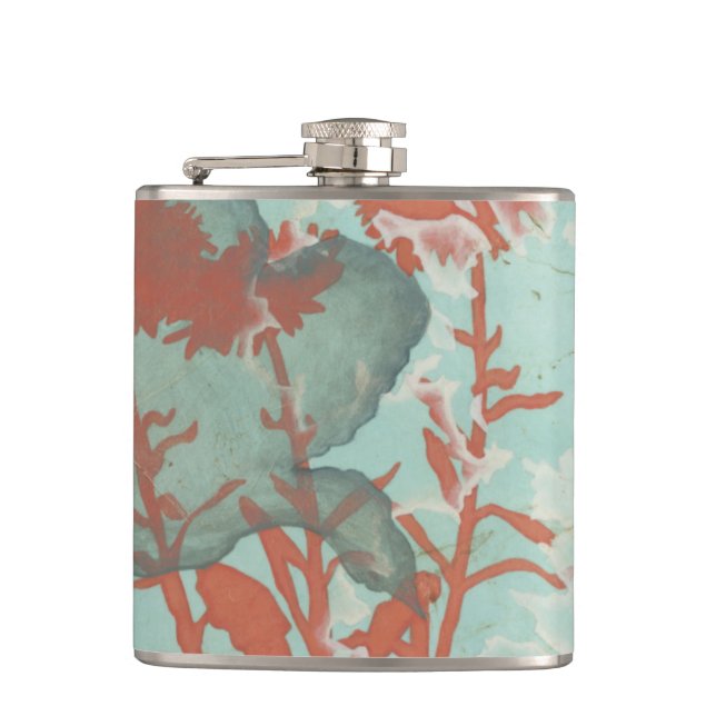 Silhouette of Red Flowers on Teal Background Hip Flask (Front)