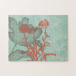 Silhouette of Red Flowers on Teal Background Jigsaw Puzzle