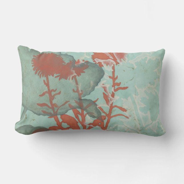Silhouette of Red Flowers on Teal Background Lumbar Pillow (Front)