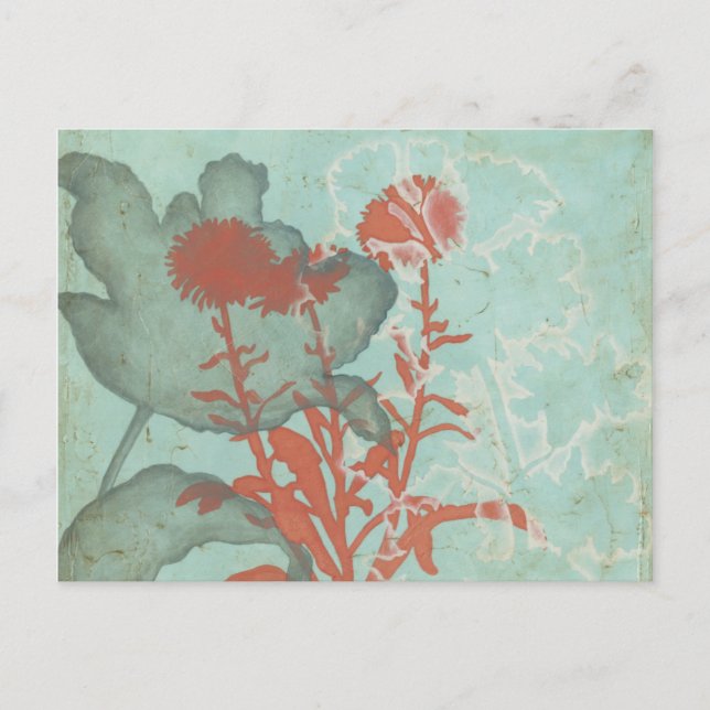Silhouette of Red Flowers on Teal Background Postcard (Front)