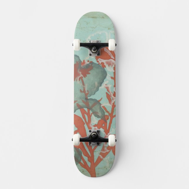 Silhouette of Red Flowers on Teal Background Skateboard (Front)