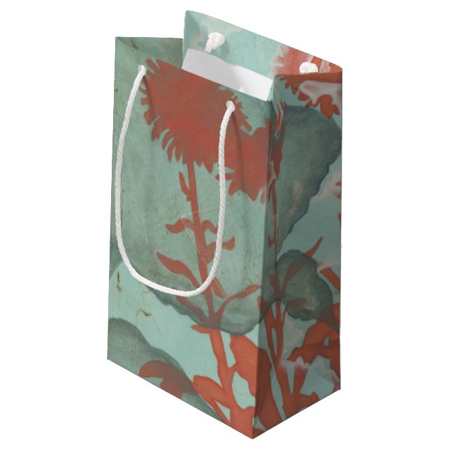Silhouette of Red Flowers on Teal Background Small Gift Bag (Back Angled)