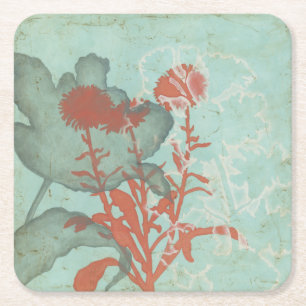 Silhouette of Red Flowers on Teal Background Square Paper Coaster