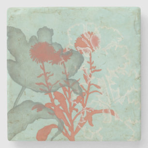 Silhouette of Red Flowers on Teal Background Stone Coaster