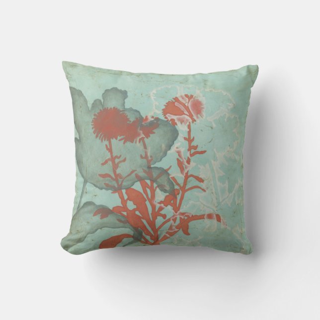 Silhouette of Red Flowers on Teal Background Throw Pillow (Front)