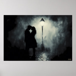 Silhouette of Romantic Couple in Misty Streetlight Poster