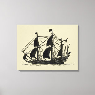 Silhouette of Ship with Billowing Sails Canvas Print