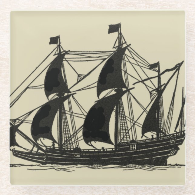 Silhouette of Ship with Billowing Sails Glass Coaster (Front)