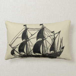 Silhouette of Ship with Billowing Sails Lumbar Pillow