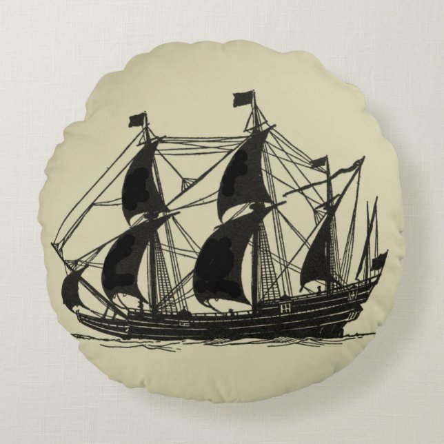 Silhouette of Ship with Billowing Sails Round Pillow (Front)