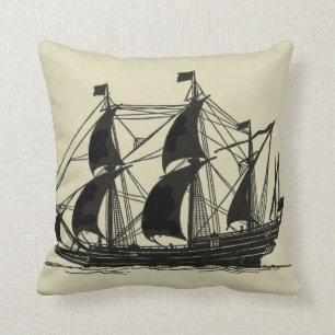 Silhouette of Ship with Billowing Sails Throw Pillow