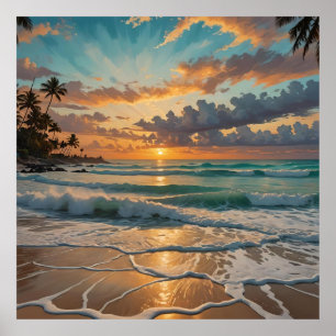 Silhouette of Sunset on the Beach Poster