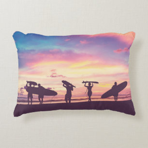 Silhouette Of surfer people carrying their surfboa Accent Pillow