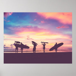 Silhouette Of surfer people carrying their surfboa Poster