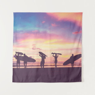 Silhouette Of surfer people carrying their surfboa Tapestry
