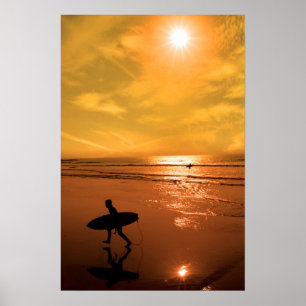 silhouette of surfer walking from the sea poster