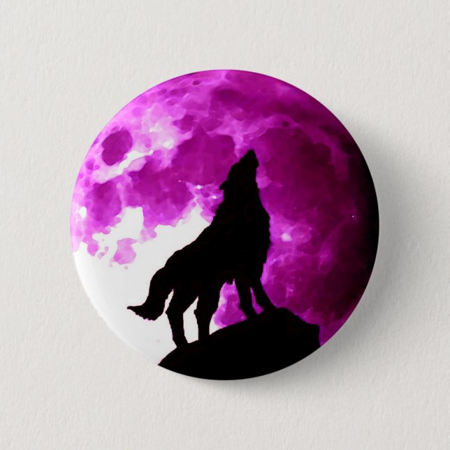 Silhouette of Wolf Howling at Moon 2 Inch Round Button (Front)