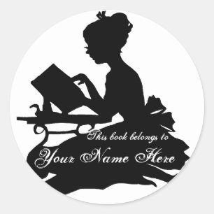Silhouette of Young Girl  Reading Bookplate Classic Round Sticker
