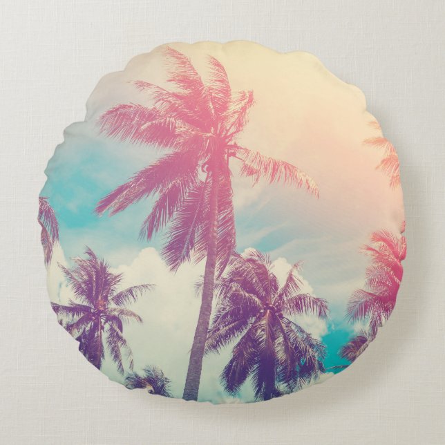 Silhouette palm trees, sunset abstract. round pillow (Front)