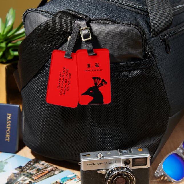 Silhouette Peacock Monogram Black Red  Luggage Tag (Front & Back)