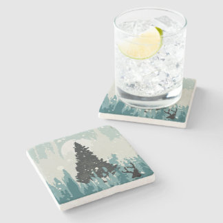Silhouette Reindeer in the Woods Stone Coaster