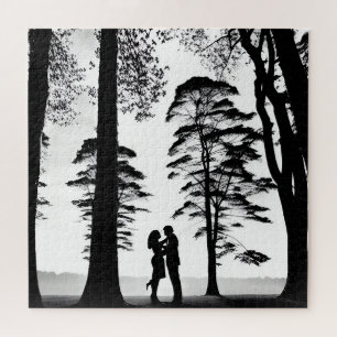 Silhouette Romantic Couple Embrace Under Trees Jigsaw Puzzle