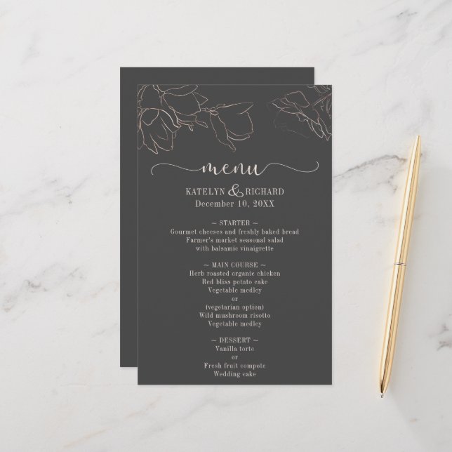 Silhouette rose or floral Mariage Menu Réception (Devant/Arrière en situation)